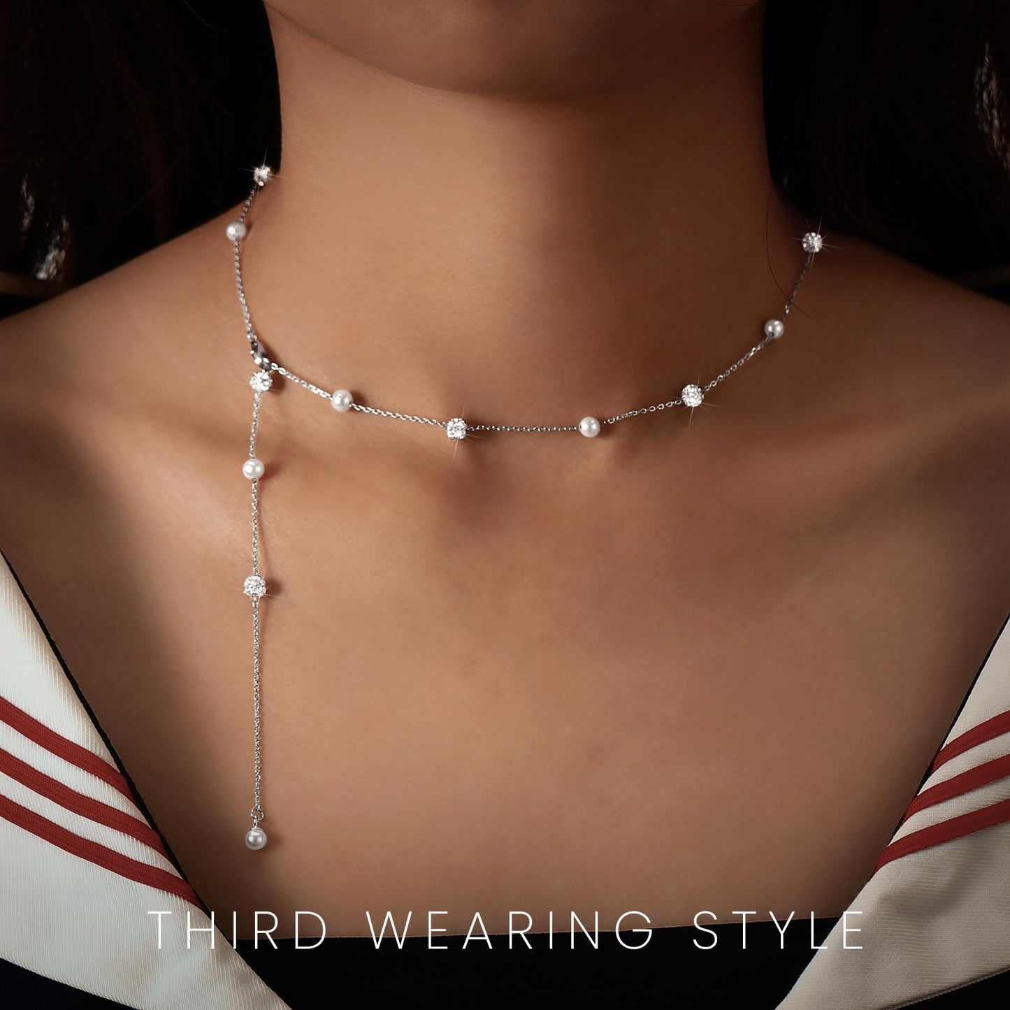 UTISUVIKO Lariat Necklace for Women,Dainty Long 14K Gold Plated Y-Shaped Pearl Necklace 925 Sterling Silver Cubic Zirconia Crystal Ball Sparkle Necklace for Mother Daughter Wedding Valentine’s Day Jewelry
