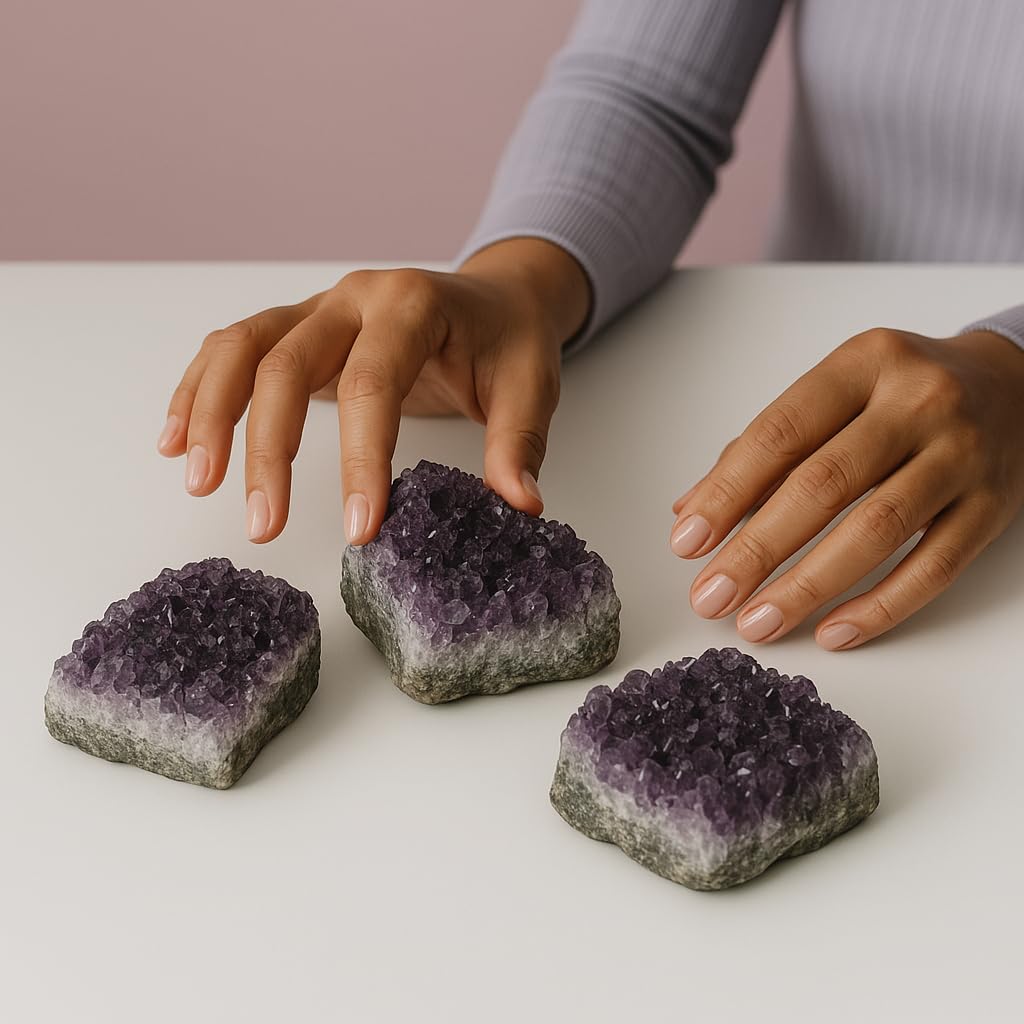 SAMSARI Set of 3 to 7 Natural Amethyst Druzy Clusters (0.75 lb) – Raw Crystal Geodes for Meditation, Reiki & Home Décor – Spiritual Healing Stones – Handpicked from Uruguay
