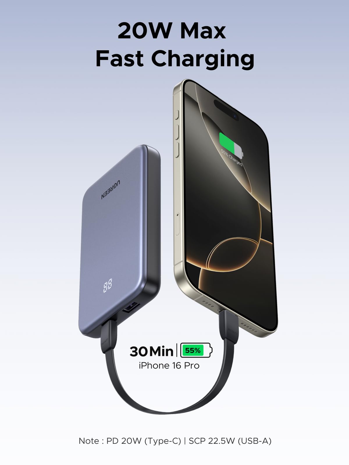 UGREEN Power Bank 10,000mAh 22.5W, Compact Portable Charger USB-C PD3.0 Travel Fast Charging Battery Pack with Digital Display for iPhone 17/16/15/14/13/12 Pro Max, Galaxy S25/S24 Ultra