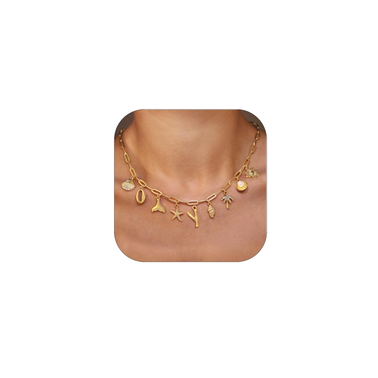 JALZEMPL Initial Charm Necklaces For Women Shell Letter Paperclip Chain Seashell Starfish Beach Summer Pendant Boho Surfer 14K Gold Plated Jewelry Gift (Y)