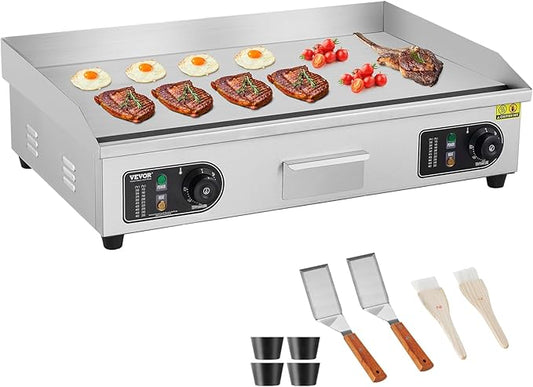 VEVOR Commercial Electric Griddle, 2800W Countertop Flat Top Grill, 122℉-572 ℉ Adjustable Temp, 29in Stainless Steel Griddle Grill with 2 Shovels and 2 Brushes for Home or Restaurant(110V No Plug)