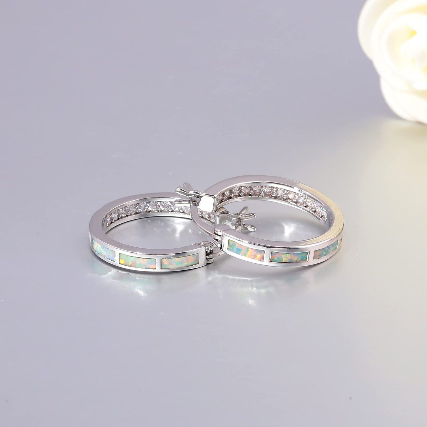 CiNily Women's Hoop Earrings Opal Earrings White Gold Plated Hypoallergenic Small Round Ear Hoops Ladies White Gemstone Hoop Earrings Jewelry 20mm