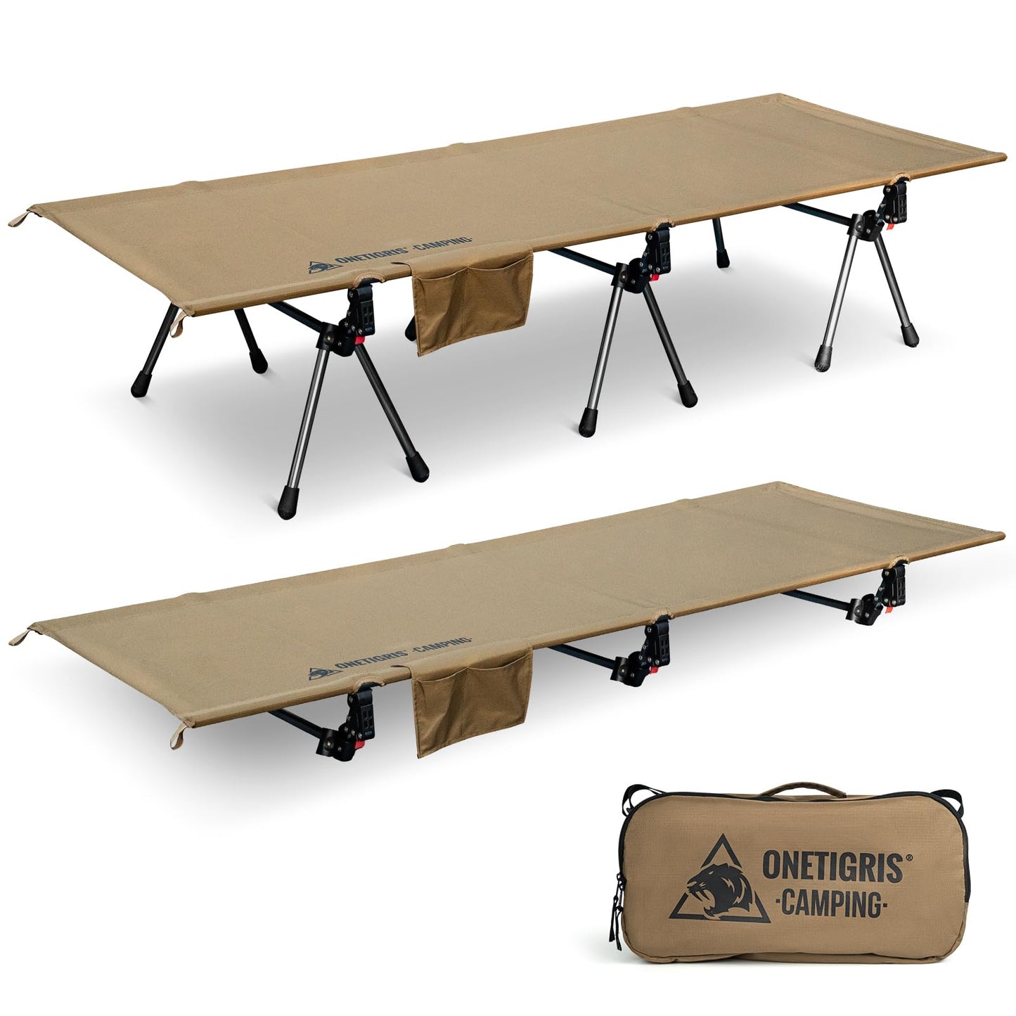 ONETIGRIS SUPRANUBIS Camping Cot, Height Adjustable with Cot Leg Extenders, Strong Support 330lbs, Lightweight Comfortable Folding Bed for Camping, Hiking, Travel, Truck, Beach, Office Nap