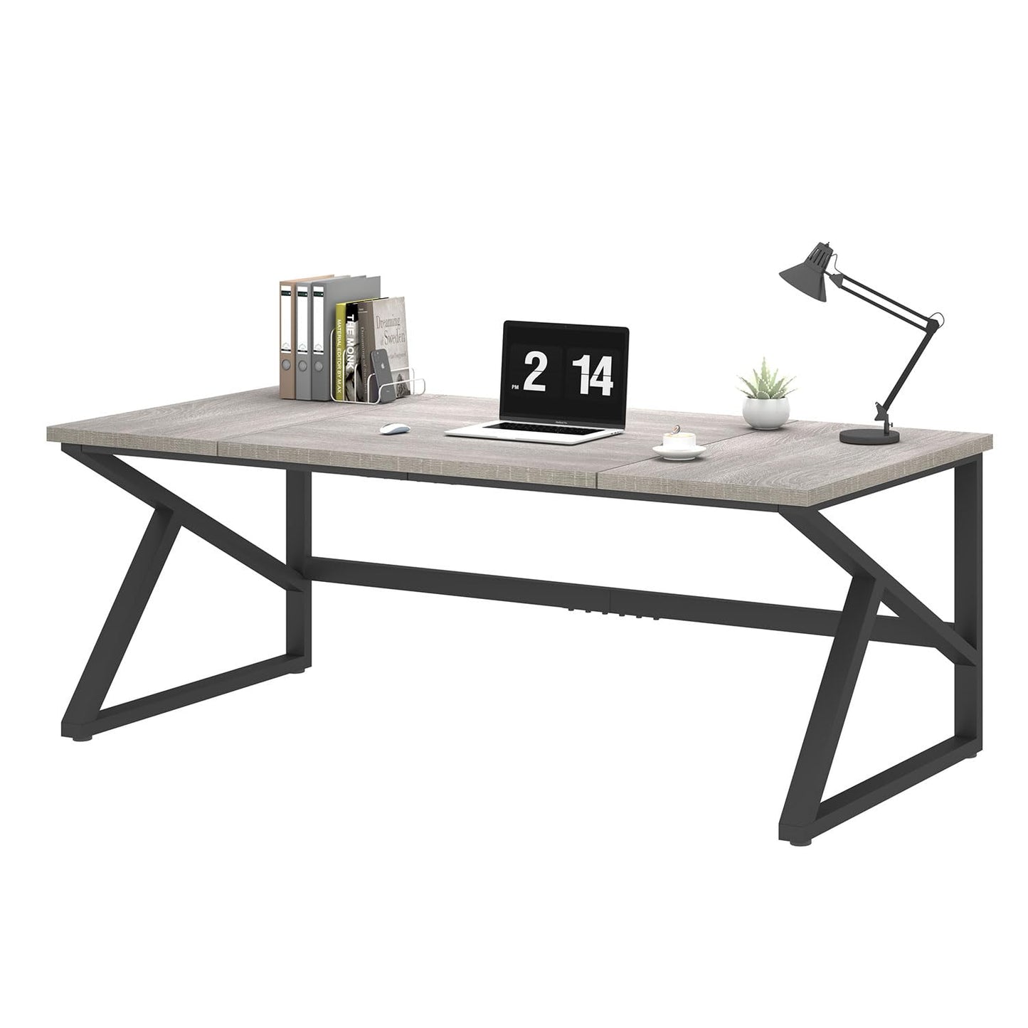 IBF 70 Inch Large Home Office Desk, Industrial Long Executive Work Writing Study Computer Table, Farmhouse Big Metal Wood Double Desk for Bedroom Living Room, Rustic Dual Monitor Desk, Light Grey