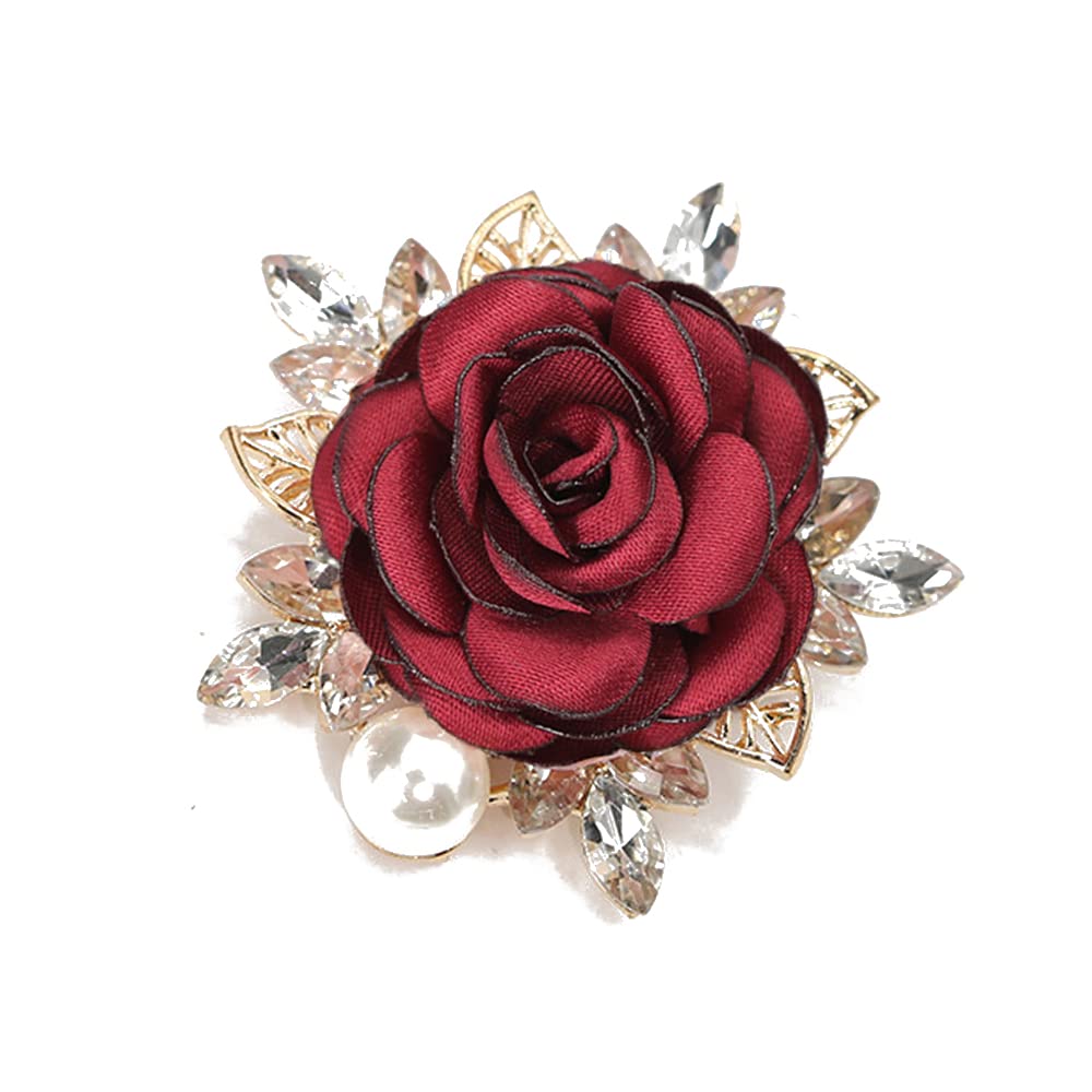 Elegant Rose Flower Brooch Pin for Women Men Wedding Party Gentleman's Essentials Handmade Imitation Crystal Pearl Fabric Flowers Lapel Pin Dress Suit Accessories Boutonniere Ideas Gift (Red)