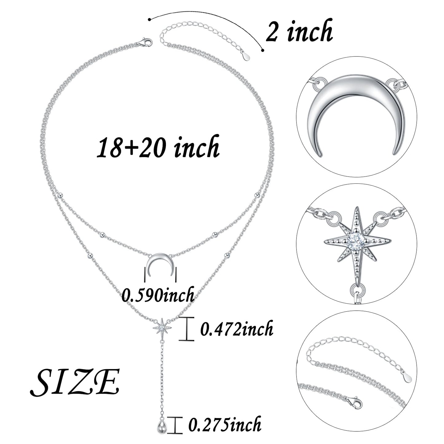 FLYOW Moon Star Layered Necklace for Women S925 Sterling Silver Double Choker Y Lariat Long Chain Necklace Birthday Mother Daughter Necklace for Ladies Mother Wife