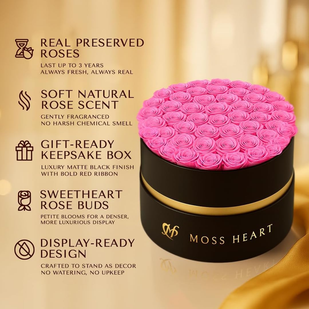 Moss Heart 50 Petite Preserved Roses, Designer Round Box, Real Forever Roses Last 1+ Year, Premium Gift for Women, Wife, Girlfriend, Mother’s Day, Birthday, Anniversary, Valentine’s Day