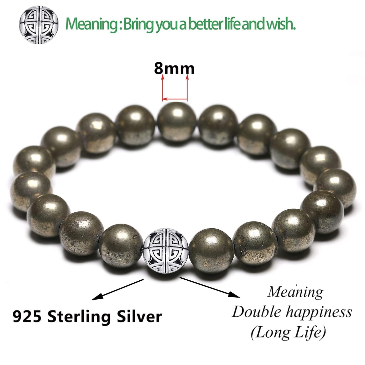 MetJakt Healing Crystals Beaded Bracelets for Womens Natural Gemstone 8mm Beads Stretch Bracelets with 925 Sterling Silver Double Happiness Pendant (Pyrite)