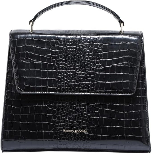 BEAUTYGOODIES - Large Insulated Lunch Bag, Black Croc Purse and Bag for Work, Lunch and Picnics. Designer Croc with Vegan Leather, Classy, Insulated Lunch Tote Bag for Women. Cute and a Great Gift !