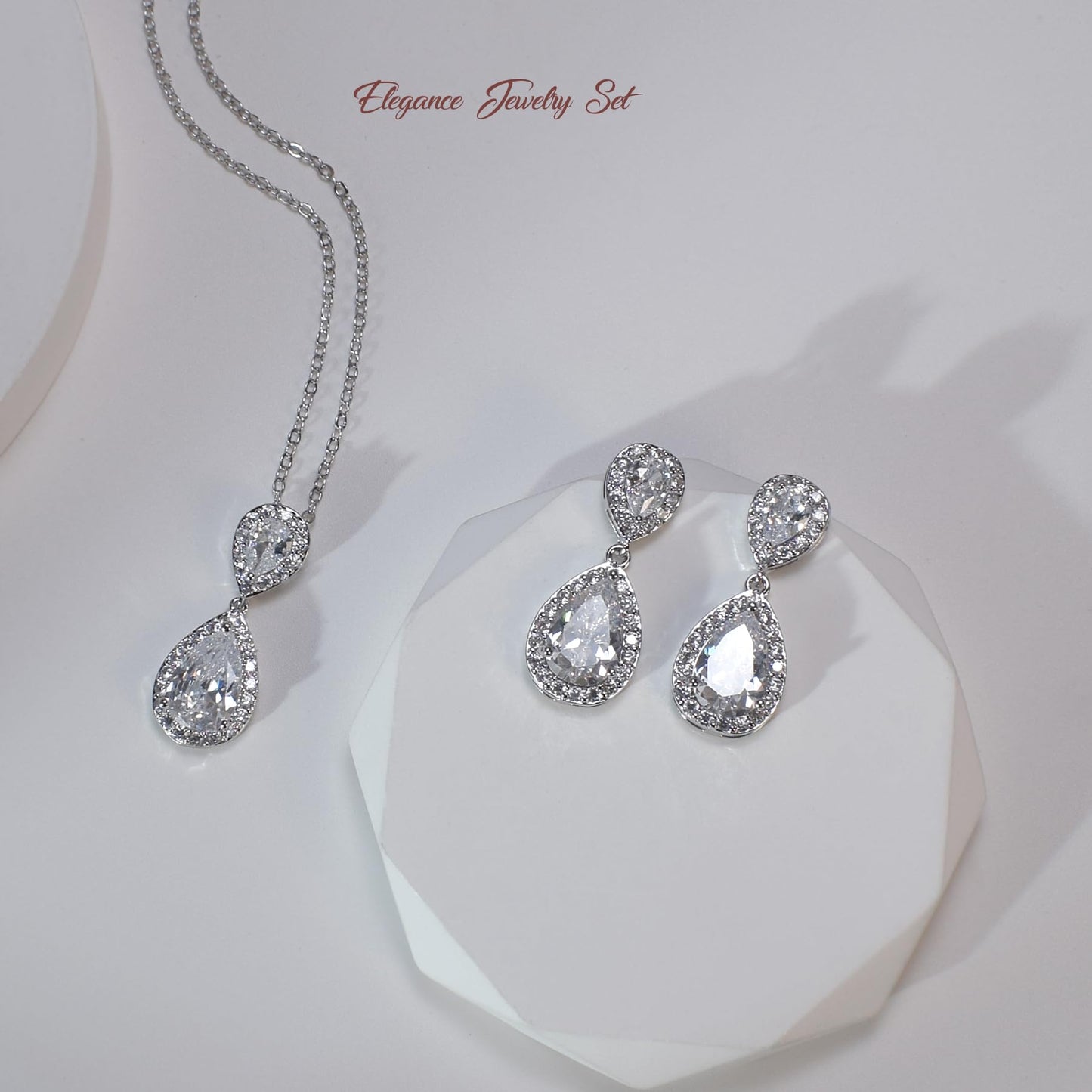 UDYLGOON Bridal Jewelry Set for Women, Cubic Zirconia Teardrop Bride Bridesmaid Necklace and Earrings Set for Wedding Prom Formal (White Gold Plated)