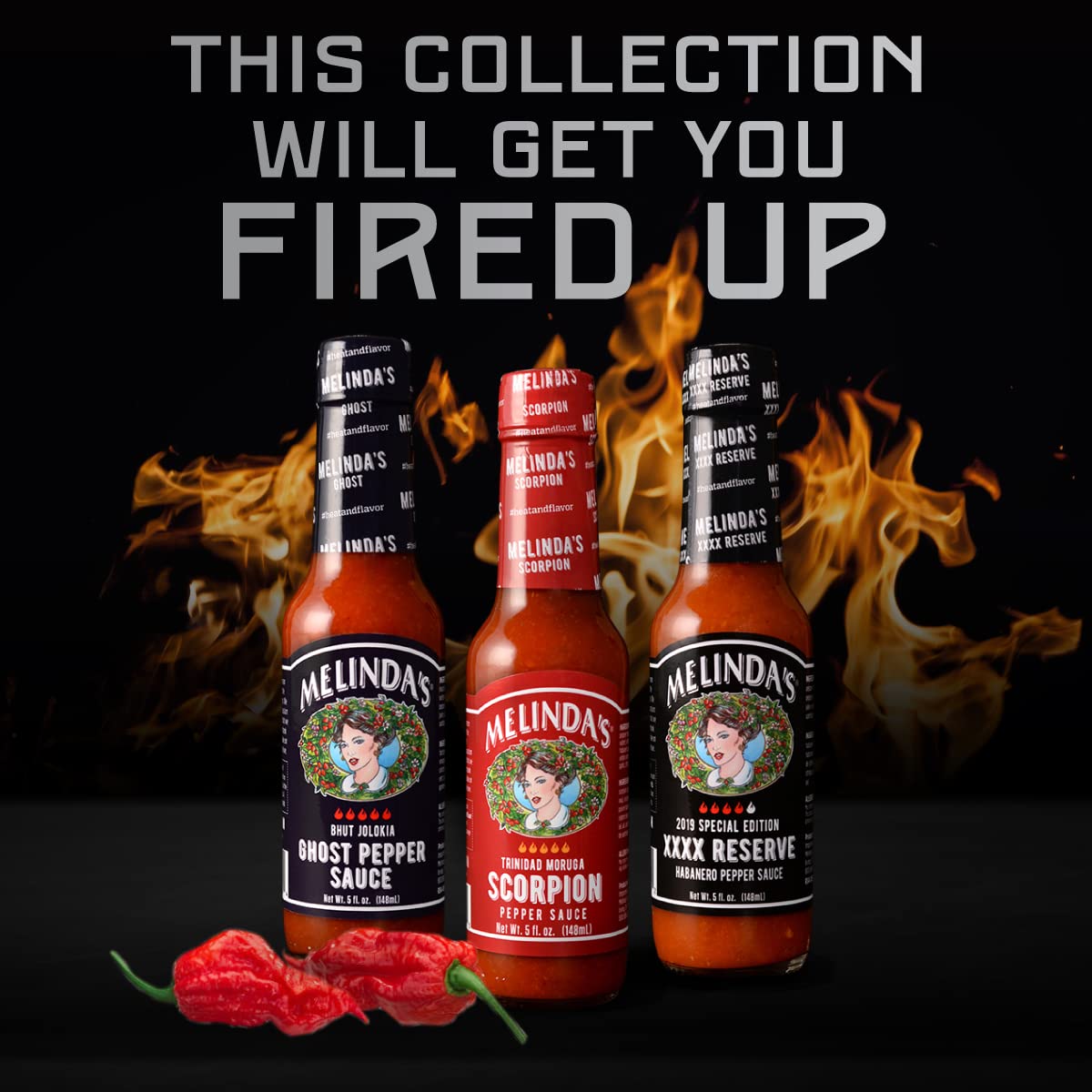 Melinda’s Extreme Fiery Variety Pack - Extra Spicy Craft Hot Sauce Gift Set - Includes Ghost Pepper, Scorpion Pepper, Habanero XXXXtra Reserve - Extreme Heat Hot Sauce Variety Set - 5oz, 3 Pack