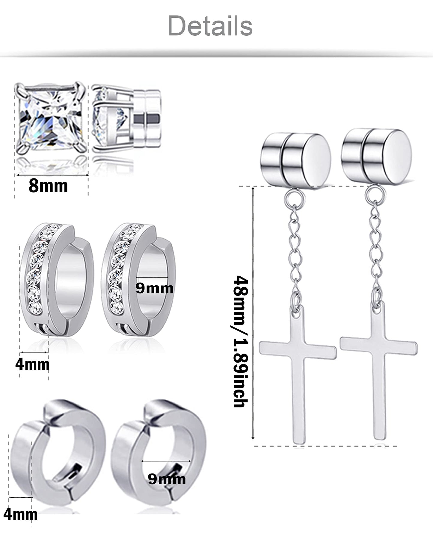 Ofeiyaa 12 Pairs Magnetic Stud Earrings Stainless Steel Non Pierced Earrings Punk CZ Hoop Dangle Hinged Feather Clip on Magnet Earring Set for Men Women Gold Silver Black