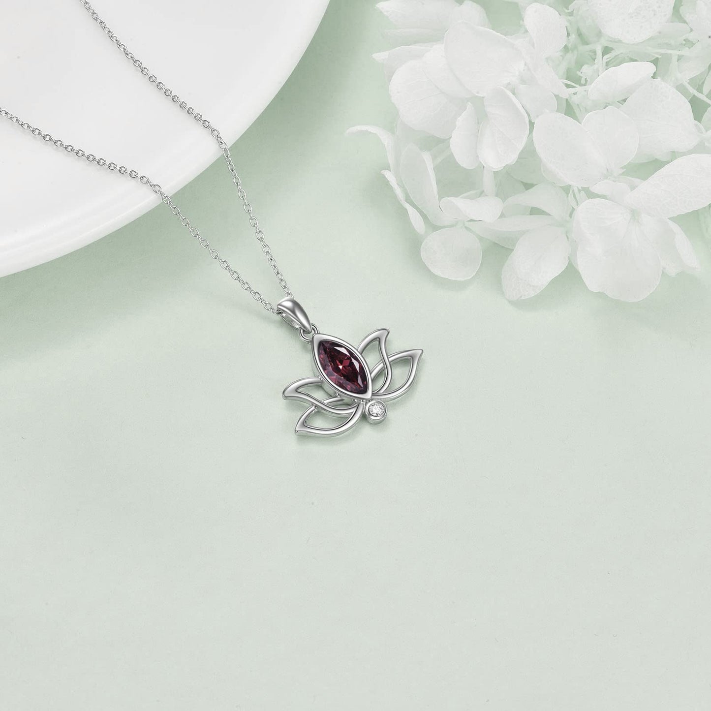 YFN Lotus Necklace Sterling Silver October Birthstone Pendant Created Pink Tourmaline Jewelry Gifts for Women (Oct)