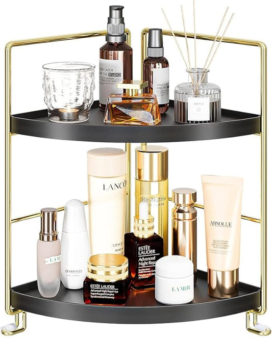 2-Tier Bathroom Corner Counter Organizer, Makeup Storage Shelf Vanity Tray, Bathroom Sink Countertop Organizer, Black