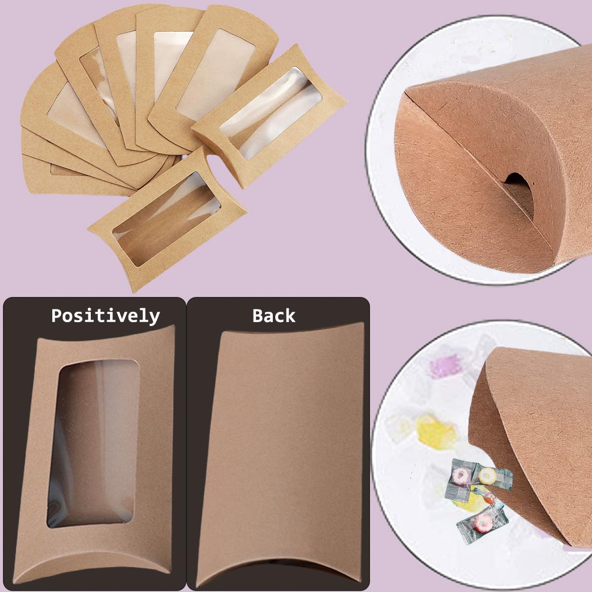 100 Pcs Pillow Gift Boxes with Windows,Kraft Paper Mini Pillow Packaging Box, Creative Favor Box Folding Treat Boxes with Clear Window for Bakery Candy Chocolate Jewelry Display Wedding Party Favor (kraft 100Pcs)