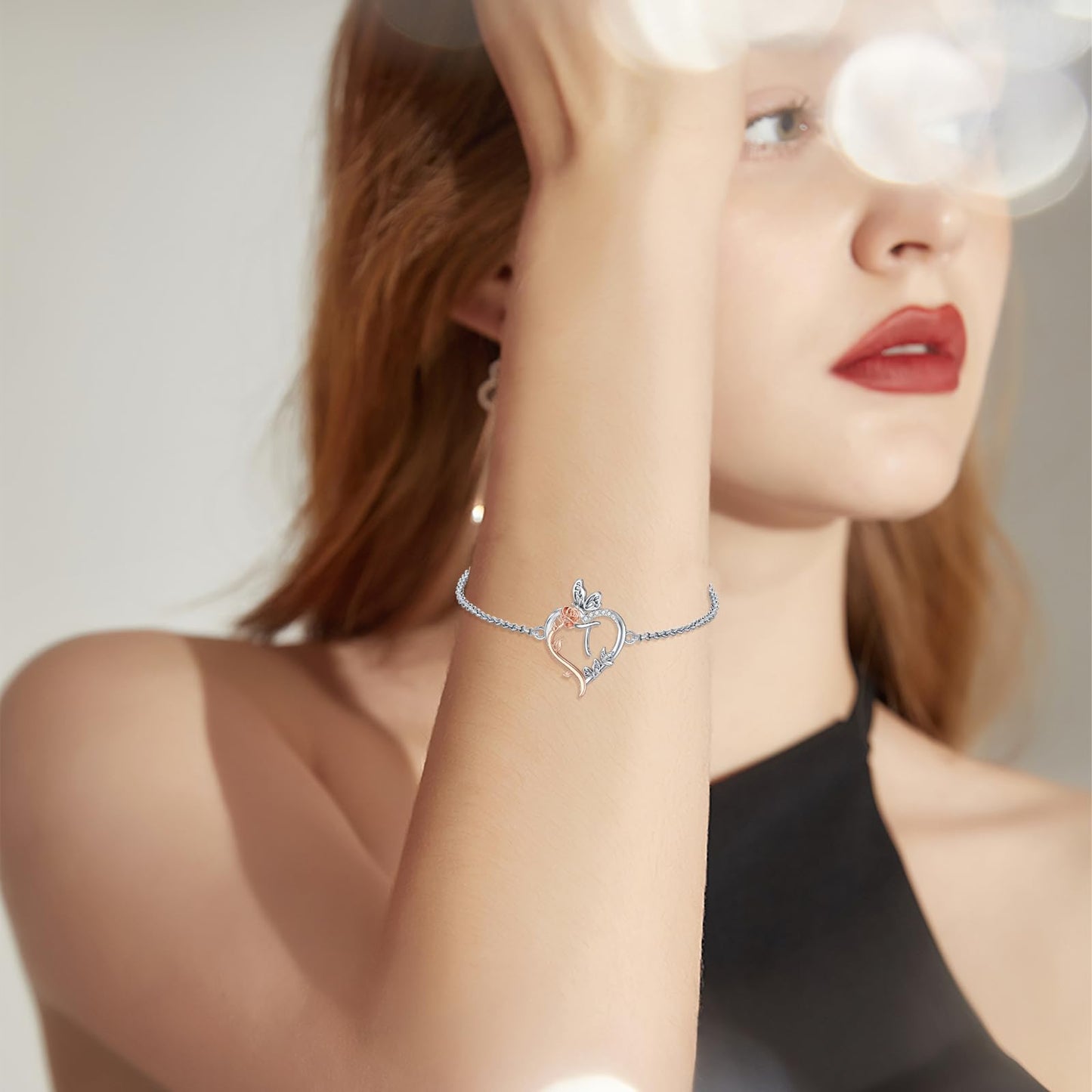 TOUPOP Rose Heart Bracelet for Women Sterling Silver Heart Initial T Letter Bracelet Butterfly Love Jewelry Anniversary Birthday Mothers Day Gifts for Mom Wife Her Girlfriend