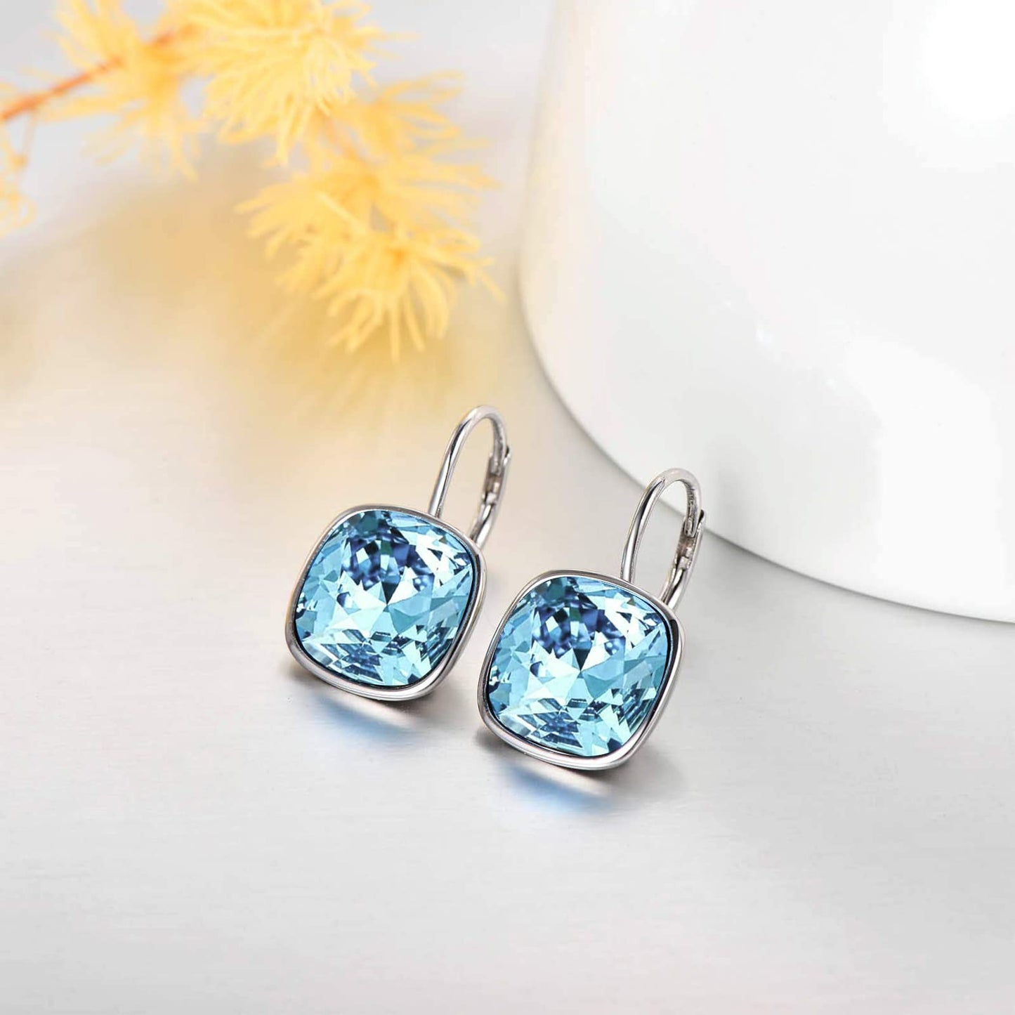 AOBOCO Sterling Silver Leverback Earrings Embellished with Crystals from Austria, Hypoallergenic Cushion Cut Square Crystal Earrings, Fine Anniversary Birthday Jewelry Gifts for Women (Simulated Aquamarine)