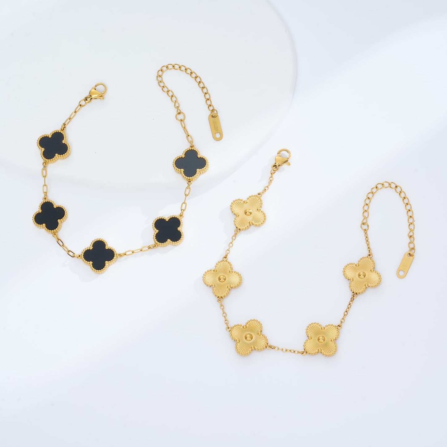 Acicihenn Waterproof Four-Leaf Clover Bracelet,Adjustable Link Double Sided Jewelry, Lovely Fashion Jewelry Gift for Women Gold Bracelet +Black Bracelet