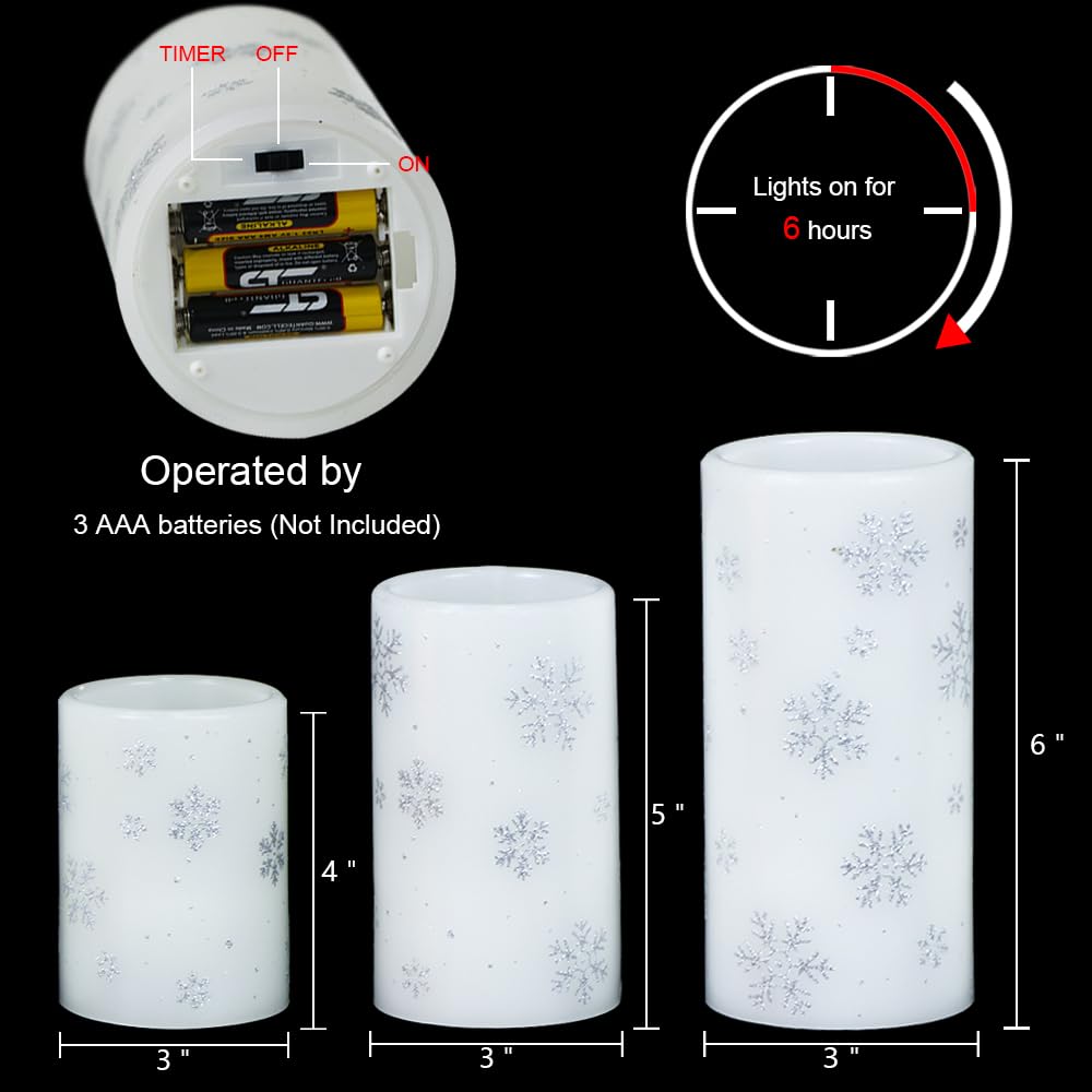 DRomance Silver Snowflake Flameless Flickering Candles Battery Operated with 6H Timer, 3 Pack Real Wax Warm Light LED Pillar Candles Dinner Tabletop Holiday Centerpiece Decor 3" x 6"""