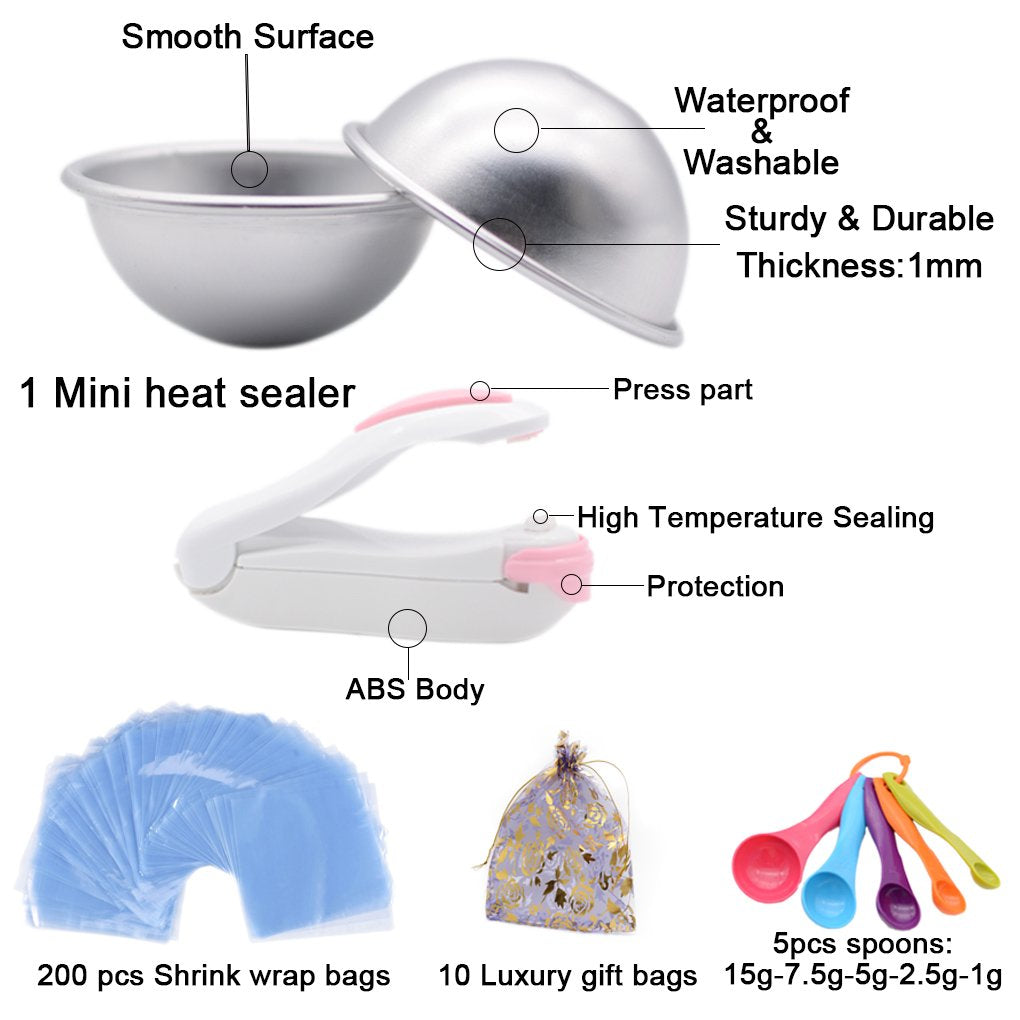 Bath Bomb Mold Set 228 Pieces - 200 Packs Shrink Wrap Bags,12 Pieces of DIY Metal Mould,Spoons,Gift Bags,Mini Heat Sealer (Instruction Included)