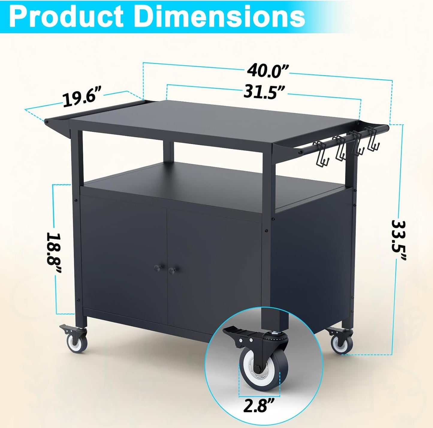 Outdoor Grill Table with Storage, Movable BBQ Grill Cart, Outdoor Kitchen Prep Station, Rolling Bar Serving Cart with Utensil Hooks, Blackstone Griddle Stand