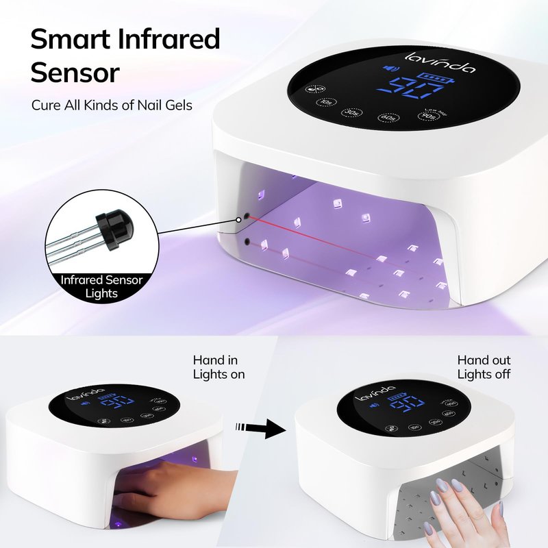 Lavinda UV LED Nail Lamp, Cordless Nail Lamp 54W Rechargeable Nail Dryer Gel Polish Light with Large LCD Display, Professional Gel Curing Lamp with 4 Timer Setting Auto Sensor for Salon and Home
