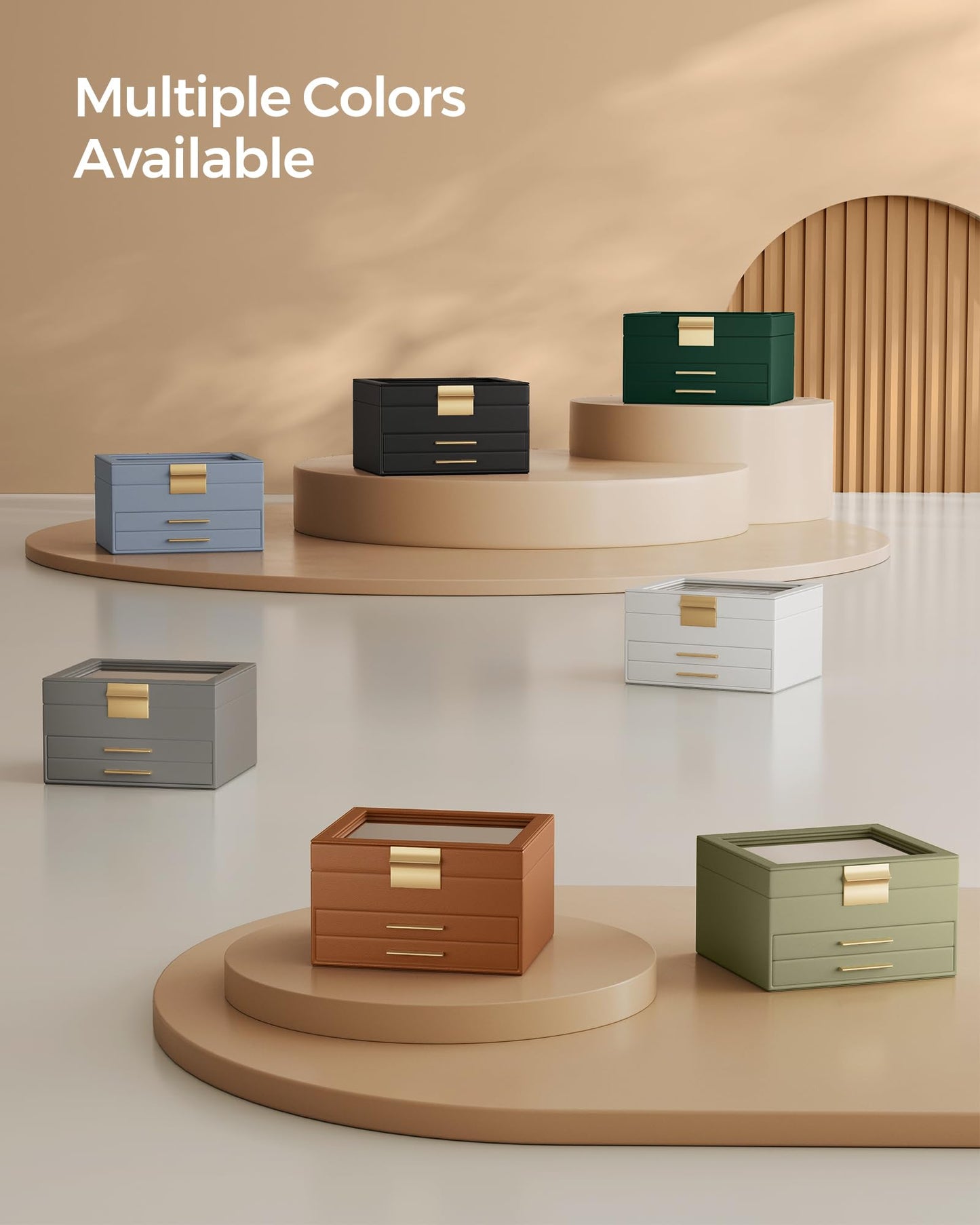 SONGMICS GISELLA Collection - Jewelry Box Organizer, 3-Layer Jewelry Storage with 2 Drawers, Shiny Metal Hardware, Glass Lid, Modern, 8 x 9.1 x 5.3 Inches, Caramel Brown and Gold Color UJBC239K01