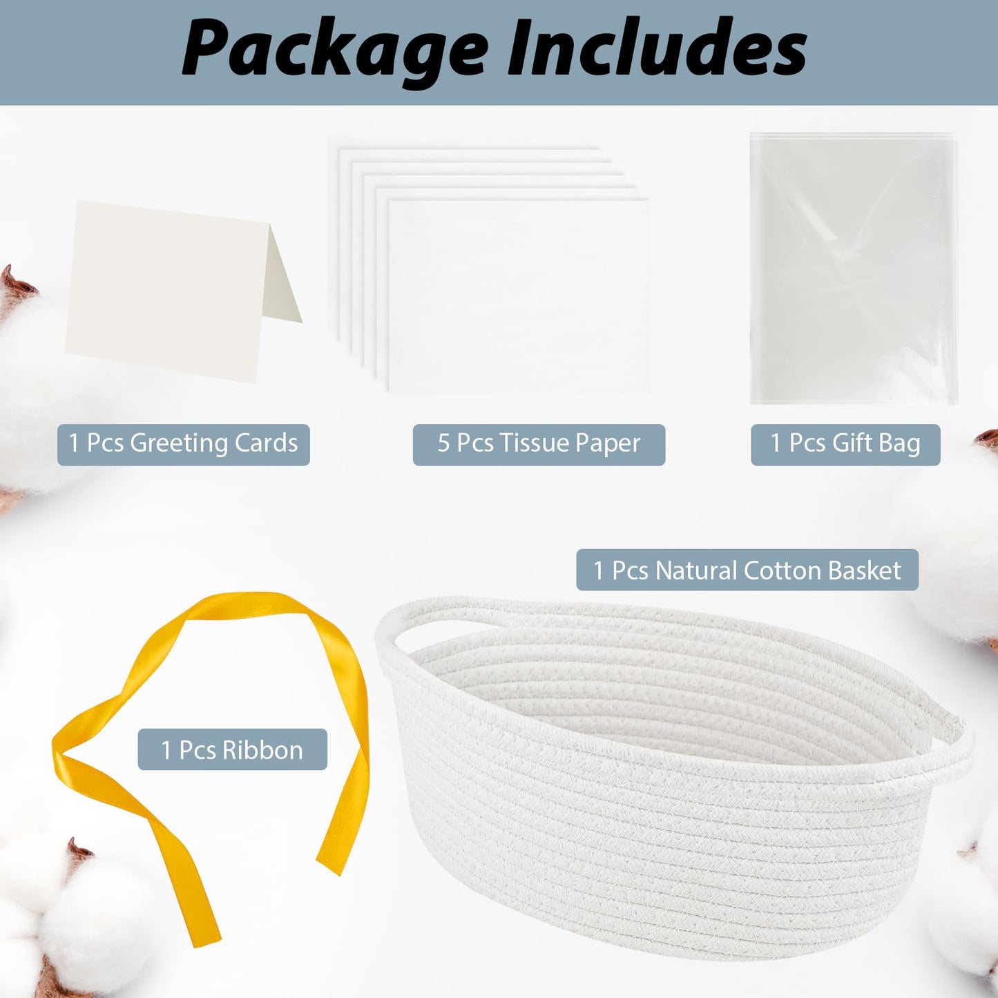 woric Woven Basket Gift Basket Storage Baskets with Handles for Wedding Gifts Empty Mothers Day Graduation Gifts Stuffers Baby Shower Toy (White 12"X 8" X 5" with Gift Bag Card Ribbon Tissue Paper)