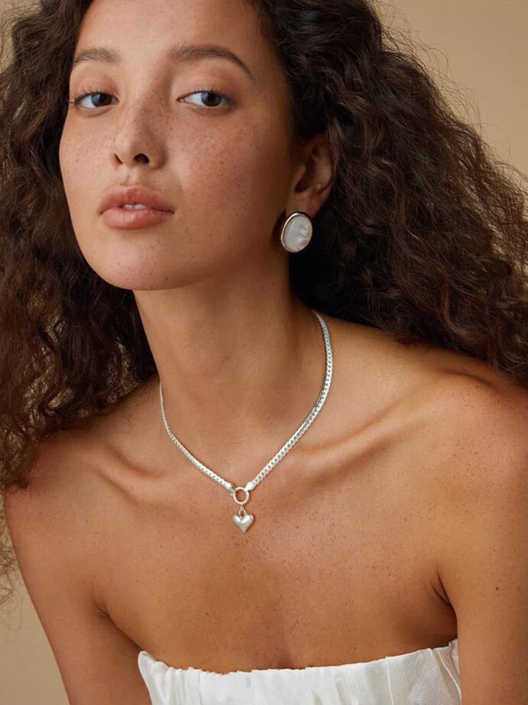 NUZON Love Heart Pendant Necklace for Women Silver Plated Thick Flat Herringbone Snake Chain Choker Engraving “Love You” Charm Sailor Lock Layering Jewelry 16’’