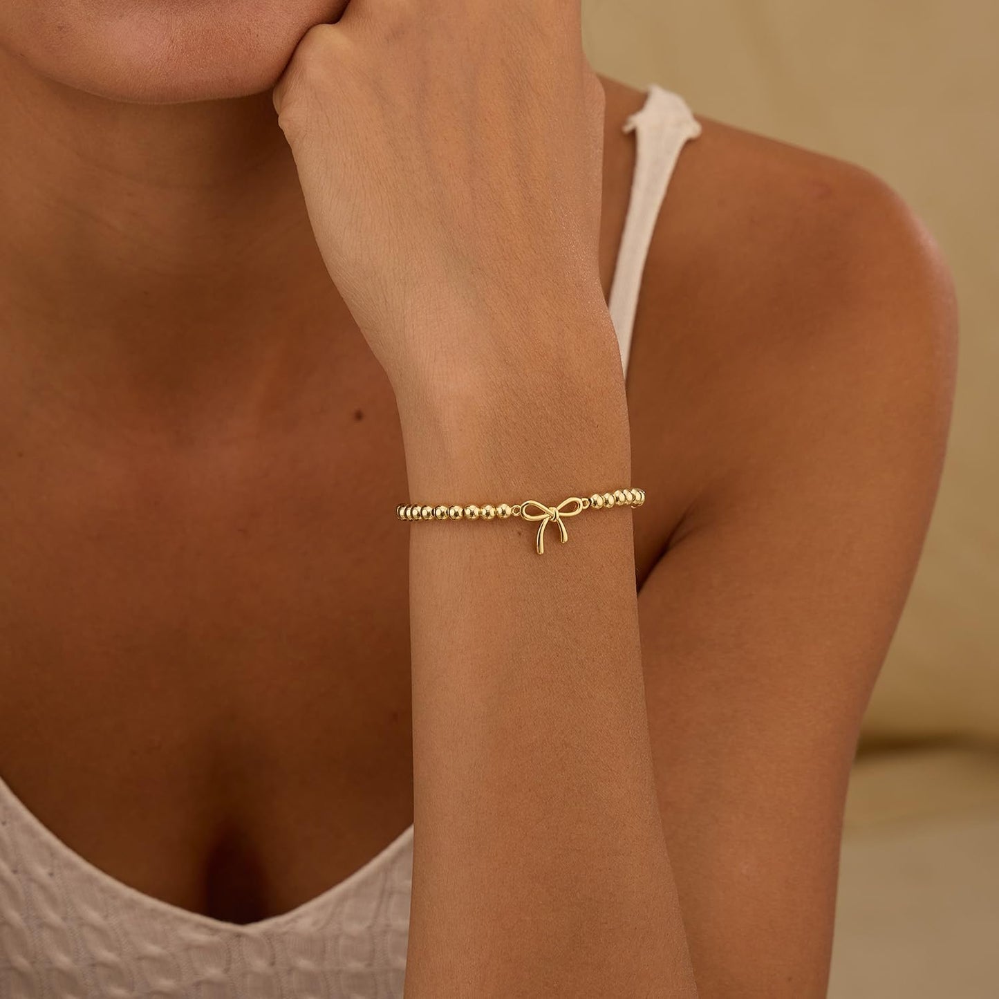 Beaded Bracelets for Women 14K Silver Gold Plated Stretch Handmade Ball Bracelets Cute Charm Bracelet Dainty Stackable Cross Heart Bow Wave CZ Circle Trendy Jewelry Easter Gifts (bow)