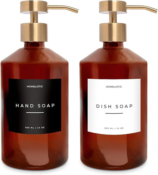 Homelistic Amber Glass Soap Dispenser Set with Champagne Gold Pump – 16oz Refillable Kitchen & Bathroom Soap Dispensers (2 Pack) Rust-Resistant Stainless Steel Pumps, 48 Labels