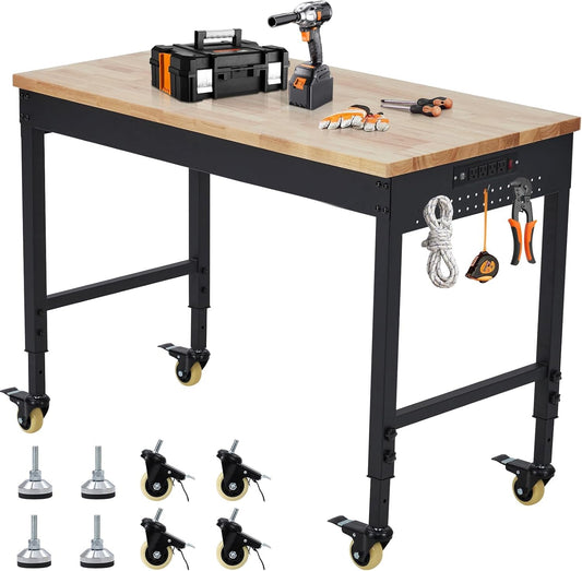 Adjustable Height Garage Workbench 72" X 25" - Heavy Duty 2000 lbs Capacity, Rubber Wood Top, Rolling Workstation with Drawer Storage, Power Outlets & Lockable Wheels - Perfect for Workshop