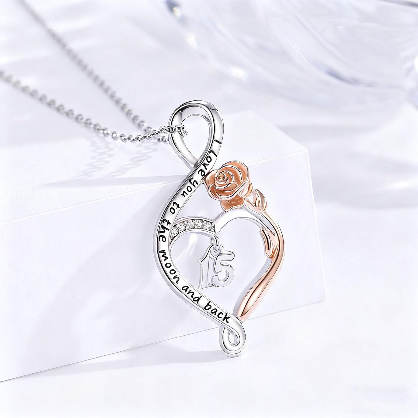 KoyeKei 15th Birthday Quinceanera Gifts for Daughter 15 Year Old Necklace 925 Sterling Silver Rose Flower Heart Infinity Pendant Jewelry Birthday Gift for Women Granddaughter