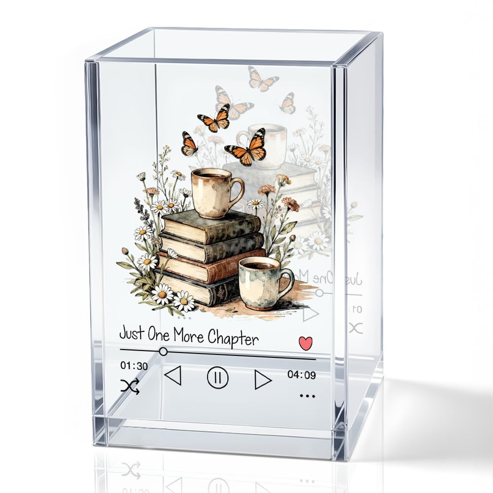 MGLZXLU Just One More Chapter Acrylic Pencil Pen Holder Cup, Reading Book Club Makeup Brush Storage Organizer, Cute Bookish Desk Accessories Holder Gifts for Daughter Librarian Teacher Holders (C)