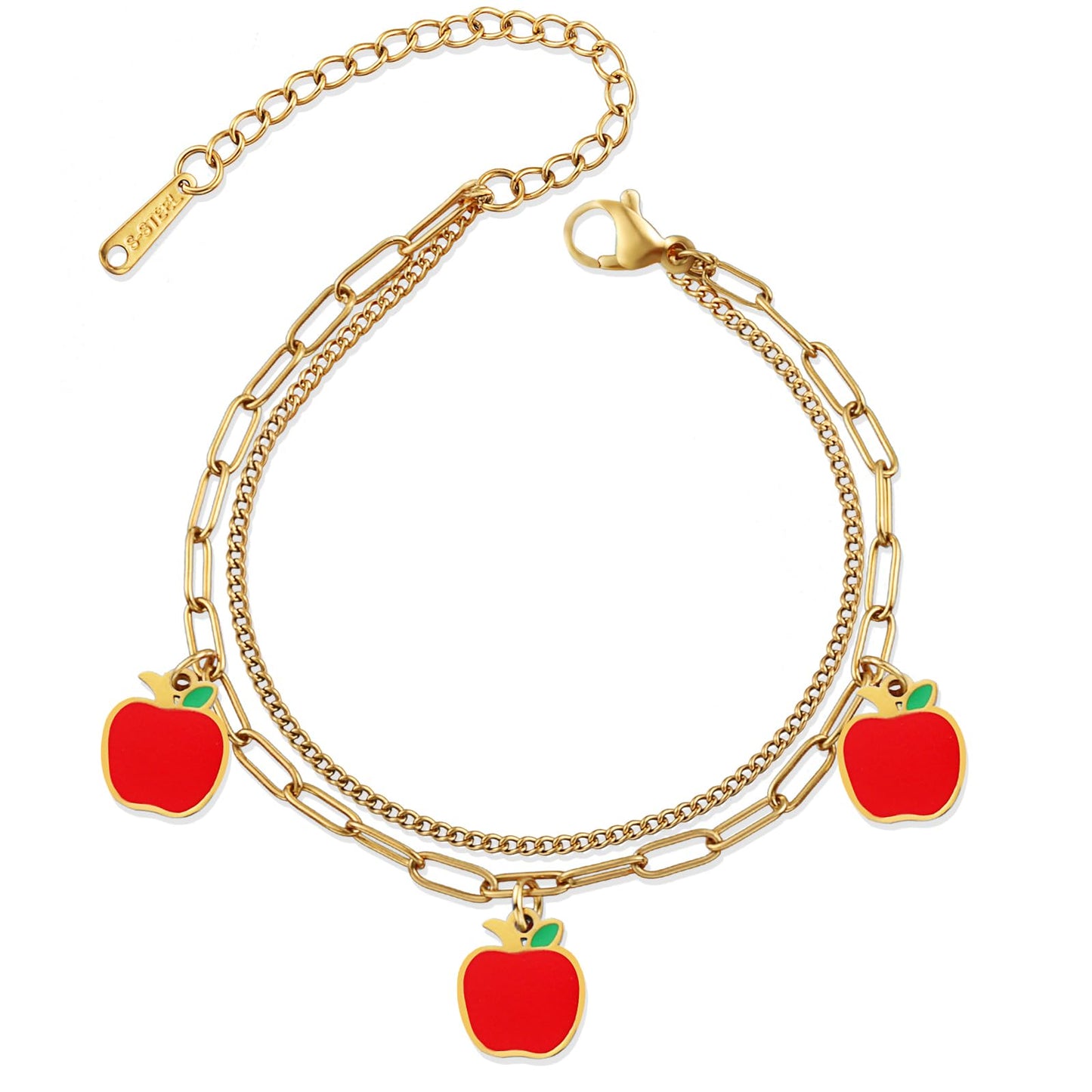 LCTrusttmor Gahna Apple Bracelets for Women, 18K Gold Plated Apple Fruit Charms with Adjustable Layered Chain Link for Women Summer Jewelry Gifts