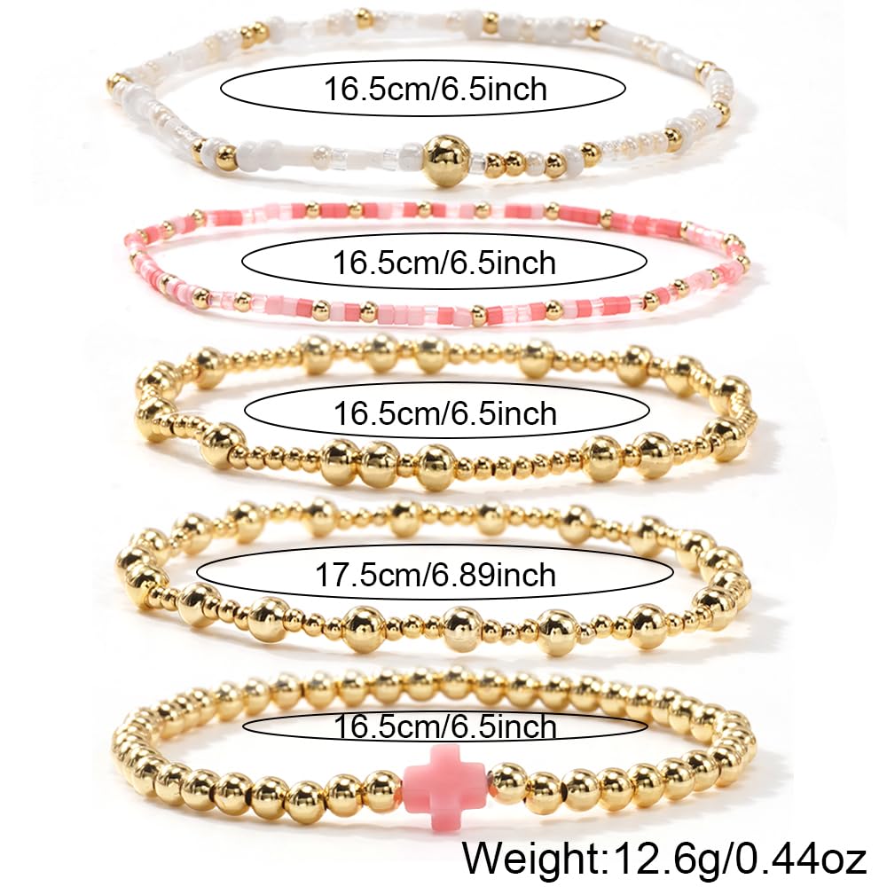 Cross Gold Beaded Bracelet Stack for Women,Dainty Bohemian Stretch Pink Seed Beads Stackable Bracelets Set Fashion Party Holiday Birthday Accessories Jewelry Gift Friendship