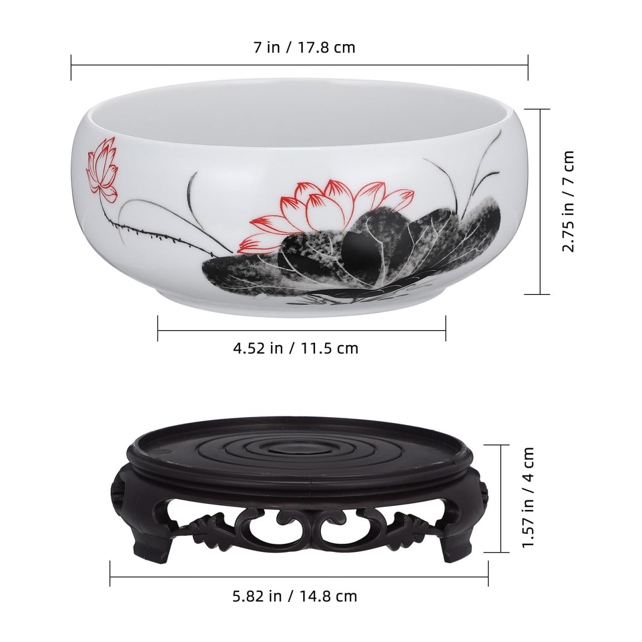 VICASKY White Ceramic Hydroponic Planter Bowl with Plastic Base - Oriental Lotus Shape Flower Pot for Daffodils, Water Plants, Lucky Bamboo & Home Decor