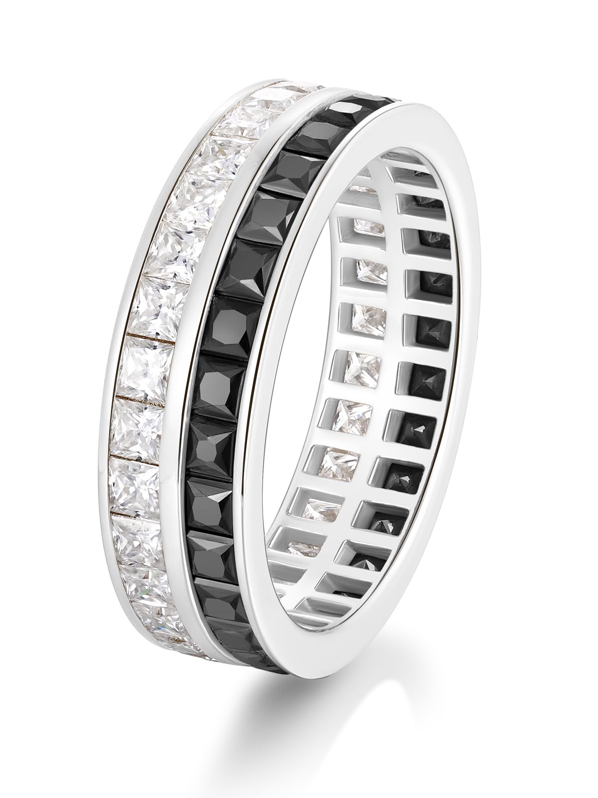 Frbod Black Moissanite Rings Hypoallergenic White Gold Plated Ring Sparling Eternity Diamond Band for Women Size 8