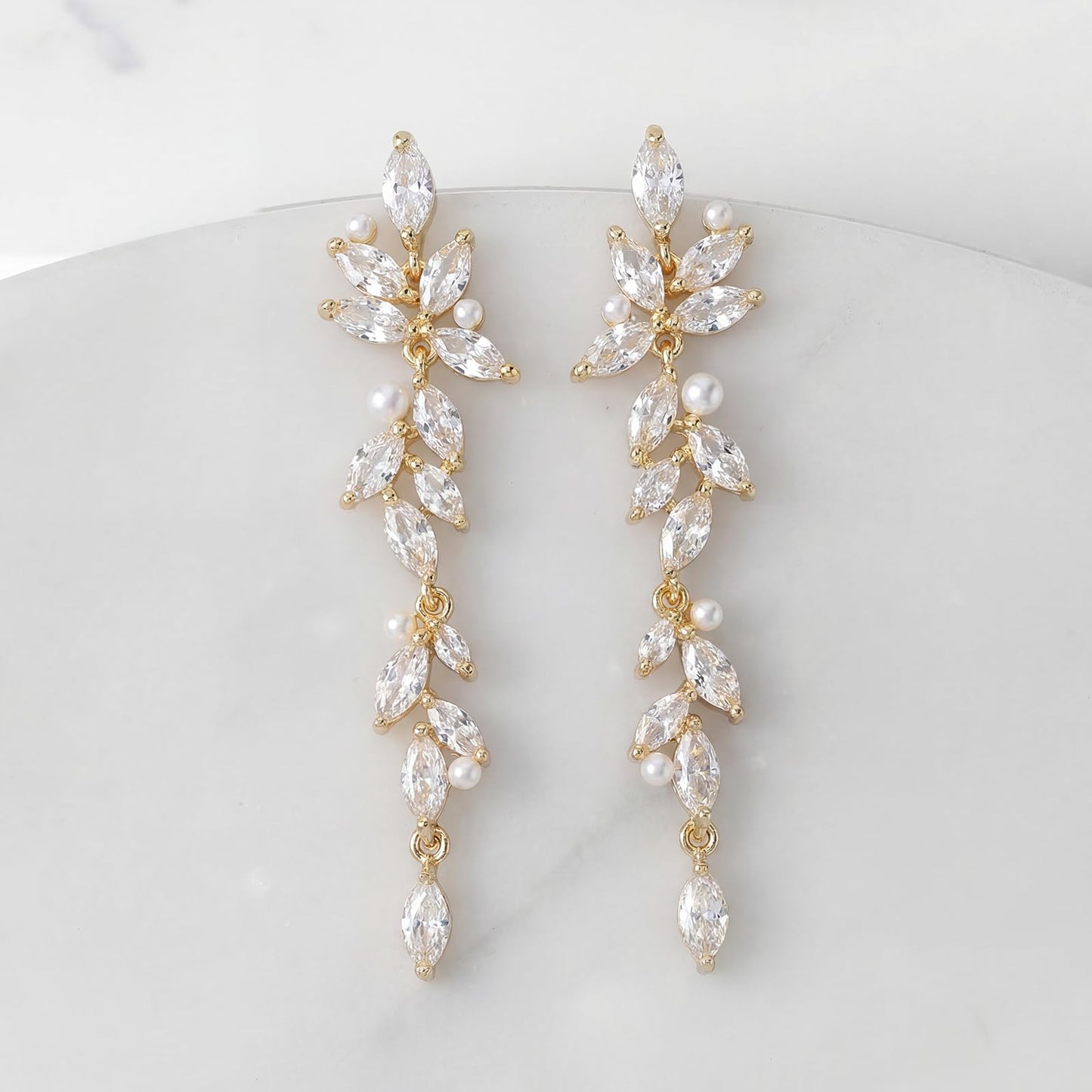 SWEETV Marquise Cubic Zirconia Dangle Earrings for Women, Crystal Wedding Bridal Drop Earrings for Brides Bridesmaids, 18K Gold Plated Chandelier Earrings for Anniversary Prom Jewelry Gift, Style01