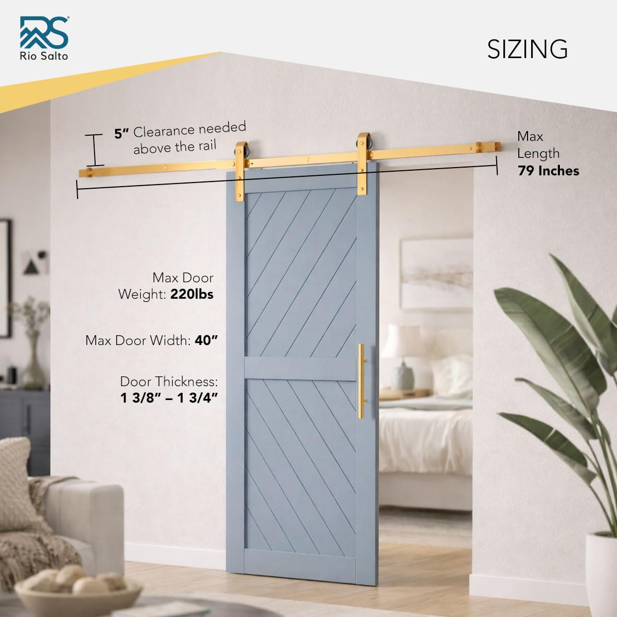 Rio Salto Gold Barn Door Hardware Kit Sliding Door Hardware Modern Barn Interior Brushed Brass Panel Hardware Hardware Kit, 6ft 7in - NO Door