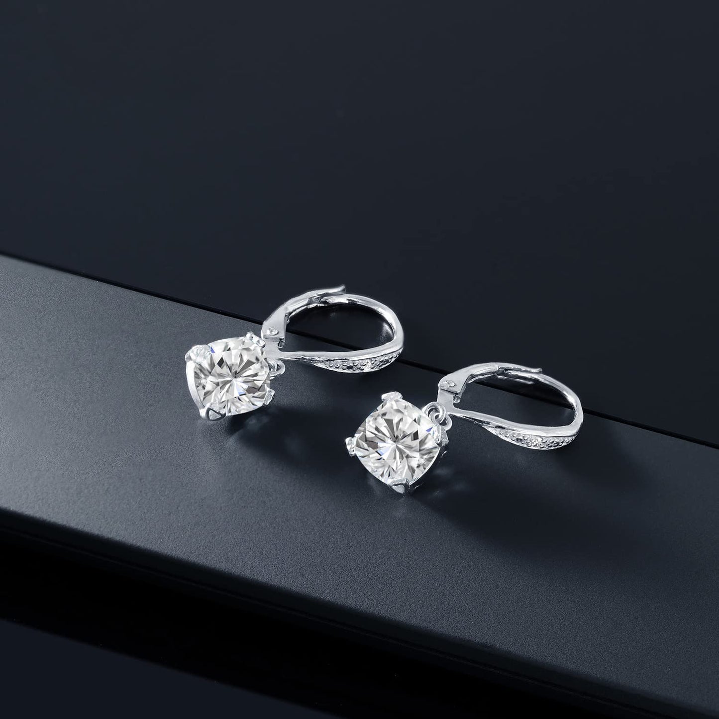 Gem Stone King Drop Dangle Earrings For Women | 7MM Cushion Cut Gemstone Birthstone and Diamond | 925 Sterling Silver | Jewelry Gift for Mom Wife Her | White Moissanite-April | Sterling Silver