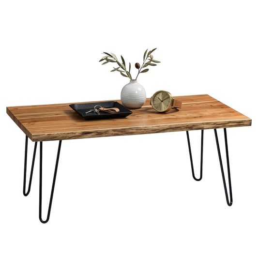Alaterre Furniture 48-Inch Live Edge Coffee Table with Hairpin Metal Legs – Rustic Modern Farmhouse Solid Acacia Wood Living Room Table in Natural Finish