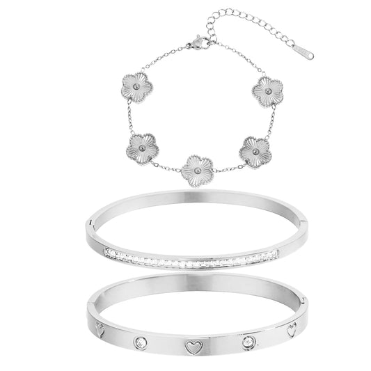 Acnode Gold Clover Bracelets for Women - Stackable Stainless Steel Nail Bracelet, Friendship & Love Bangle - Trendy Jewelry Set, Ideal Birthday Gift (Silver 3PCS)