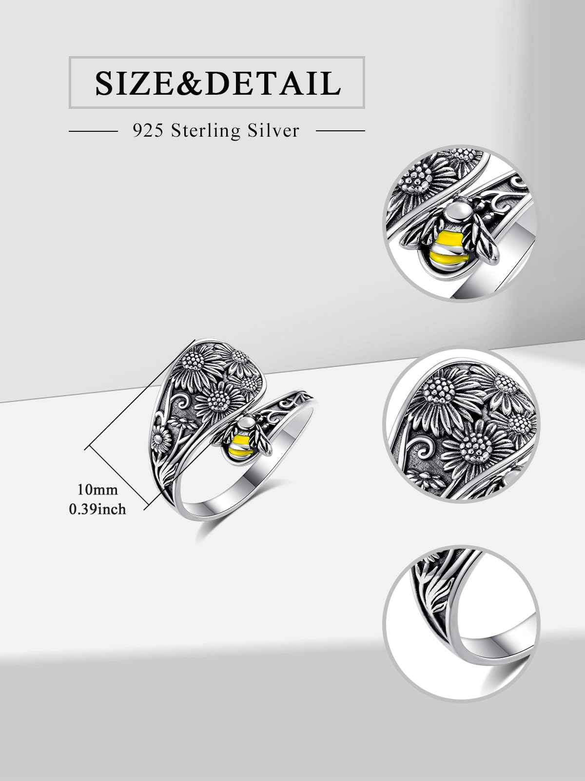 Midari Sunflower Bee Spoon Ring 925 Sterling Silver Sunflower Ring Bee Ring for Women Spoon Rings Adjustable Ring Flower Animal Jewelry Birthday Christmas Gifts for Women Daughter Wife
