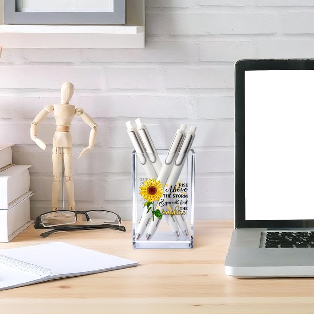 Vgrti Rise Above The Storm and You Will find The Sunshine Acrylic Cosmetic Pencil Pen Holder Cup, Positive Sunflower Desk Organizer Accessories for Home Office Decor, Motivational Gifts for Women Girl