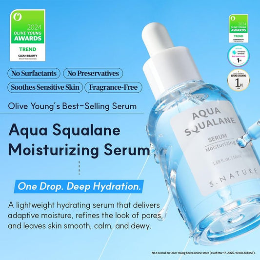 S.NATURE AQUA SQUALANE SERUM | Deeply hydrated Facial Serum for All Skin Type, Soothing, Pore Tightening and Sebum control Benefits, Korean Skin Care (1.69 Fl.Oz)