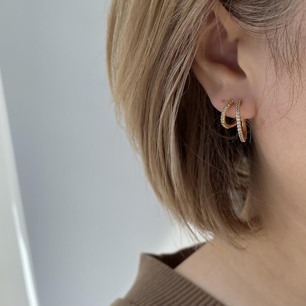Obidos 14K Gold Plated Double Huggie Hoop Earrings for One Hole | Illusion Stud Earrings for Women | Gold Huggie Small Hoop Earrings for Women | Boho Simple Hypoallergenic Earrings