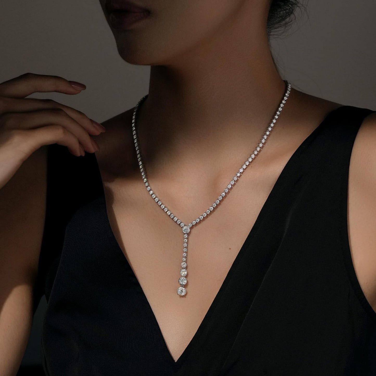 Moissanite Tennis Necklace-for-Women-Wedding-Prom-Jewelry: Lariat 18K White Gold Plated 925 Sterling Silver Rhinestone Simulated Diamond Pendant Long Chain Y Necklaces - Crystal Bridal Gifts