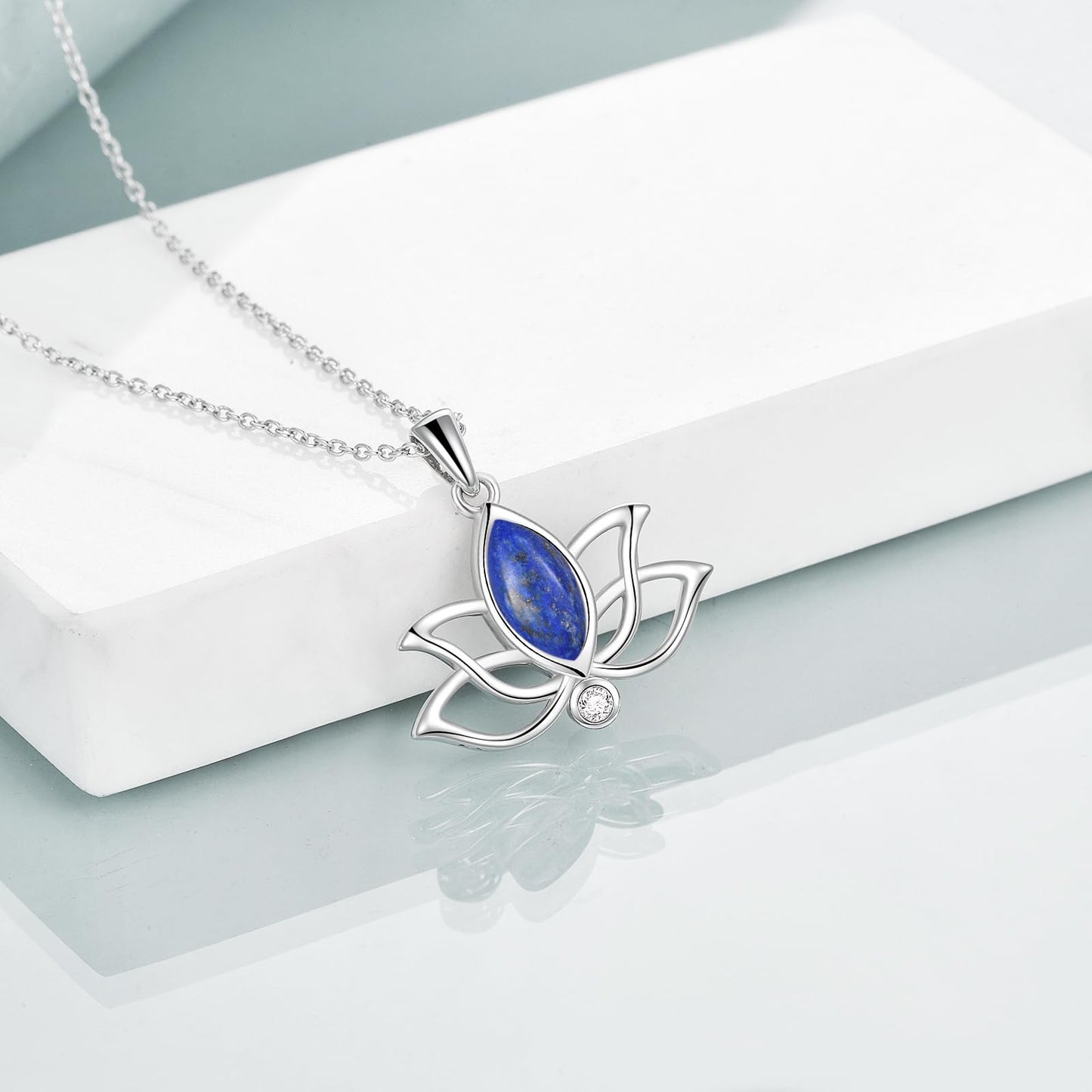 YFN Lotus Flower Necklace Sterling Silver Lapis Lazuli Lotus Pendant Lotus Jewelry Gifts for Women