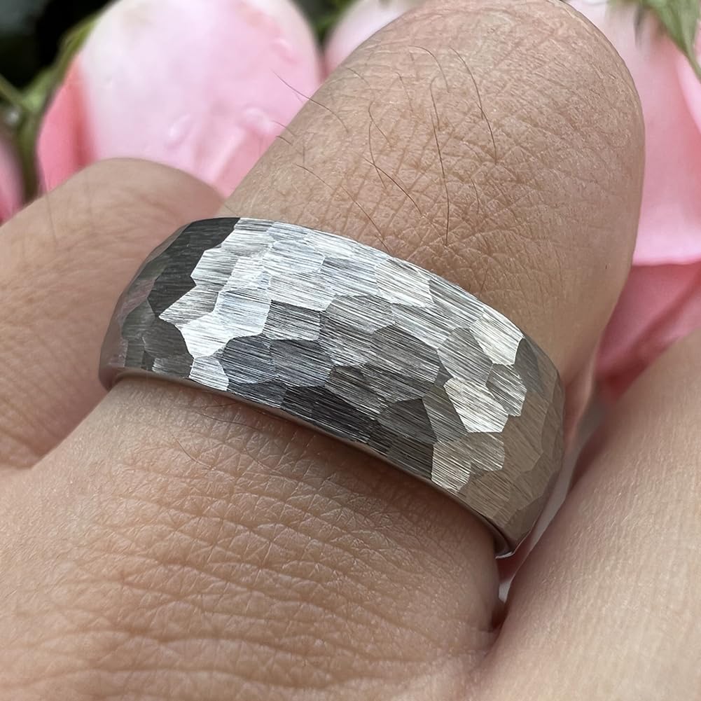 TUTISS 8mm Hammered Tungsten Rings for Men Women Fashion Engagement Wedding Bands Domed Matte Finish Comfort Fit Size 9.5